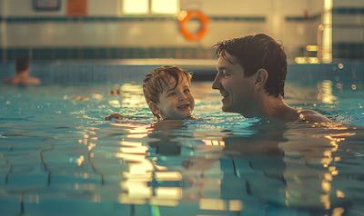 Vater bringt seinem Sohn das Schwimmen bei