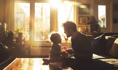 Elternzeit für Väter - Vater mit Tochter im Wohnzimmer