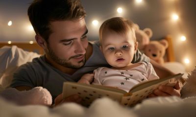 Vater liest seinem Kind etwas aus einem Schlafbuch vor