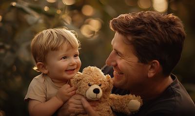 ein Vater schenkt seinem Sohn einen Teddybär