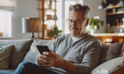 Vater lernt Englisch B1 Niveau auf seinem Smartphone
