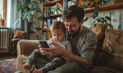 papa nutzt smartphone sinnvoll zur entspannung im wohnzimmer