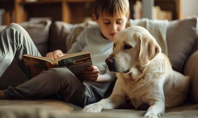 werte durch tiere vermitteln kind liest hund familie