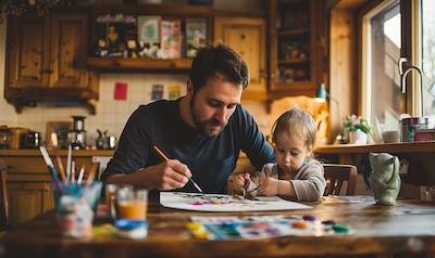 Vater Kind Malen nach Zahlen gemeinsam Küchentisch bildschirmfrei