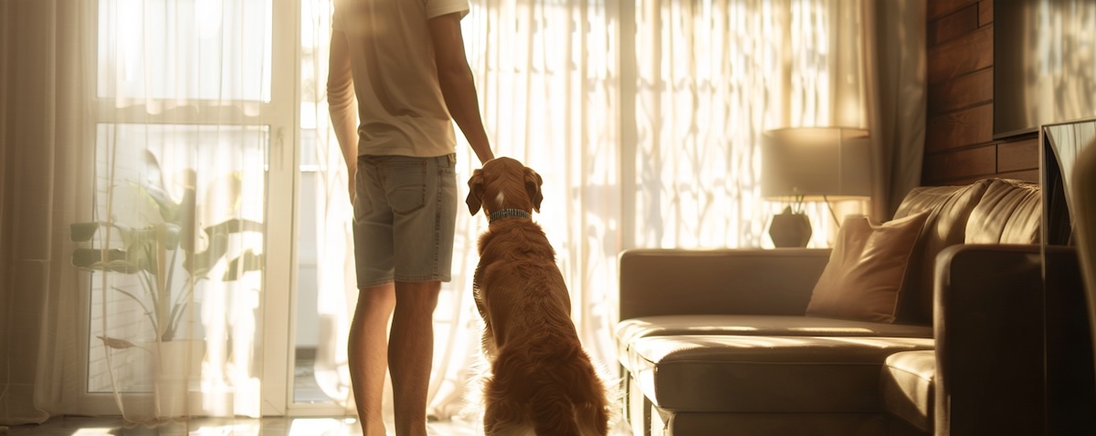 Vater steht mit Kind und Hund vor der Entscheidung für den ersten Familienhund