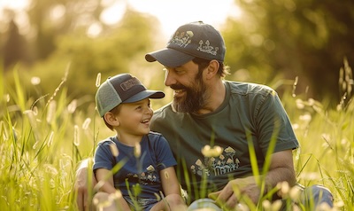 Vater und Kind mit gleichen Caps sitzen lachend auf einer Wiese