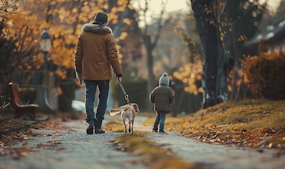 Vater geht mit Kind und Familienhund gemeinsam spazieren